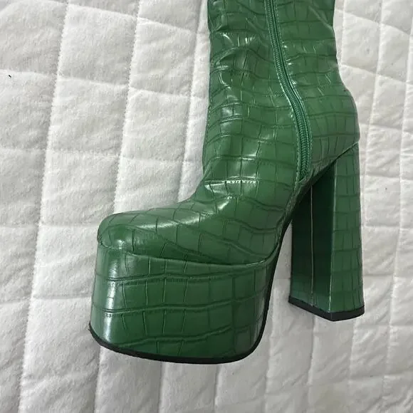 JINGPIN Womens Platform Boots 36 Green Faux Crocodile High Block Heel US 6 Glam - Picture 9 of 16